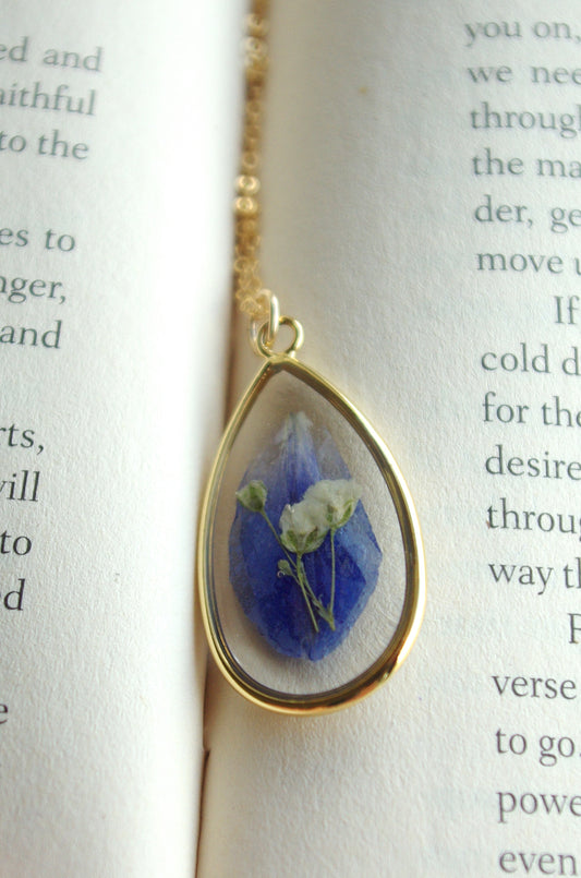 Delphinium and baby's breath necklace - Something blue jewelry