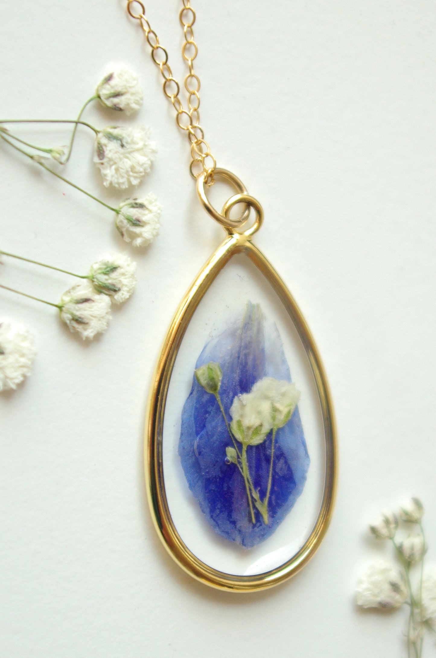 Delphinium and baby's breath necklace - Something blue jewelry