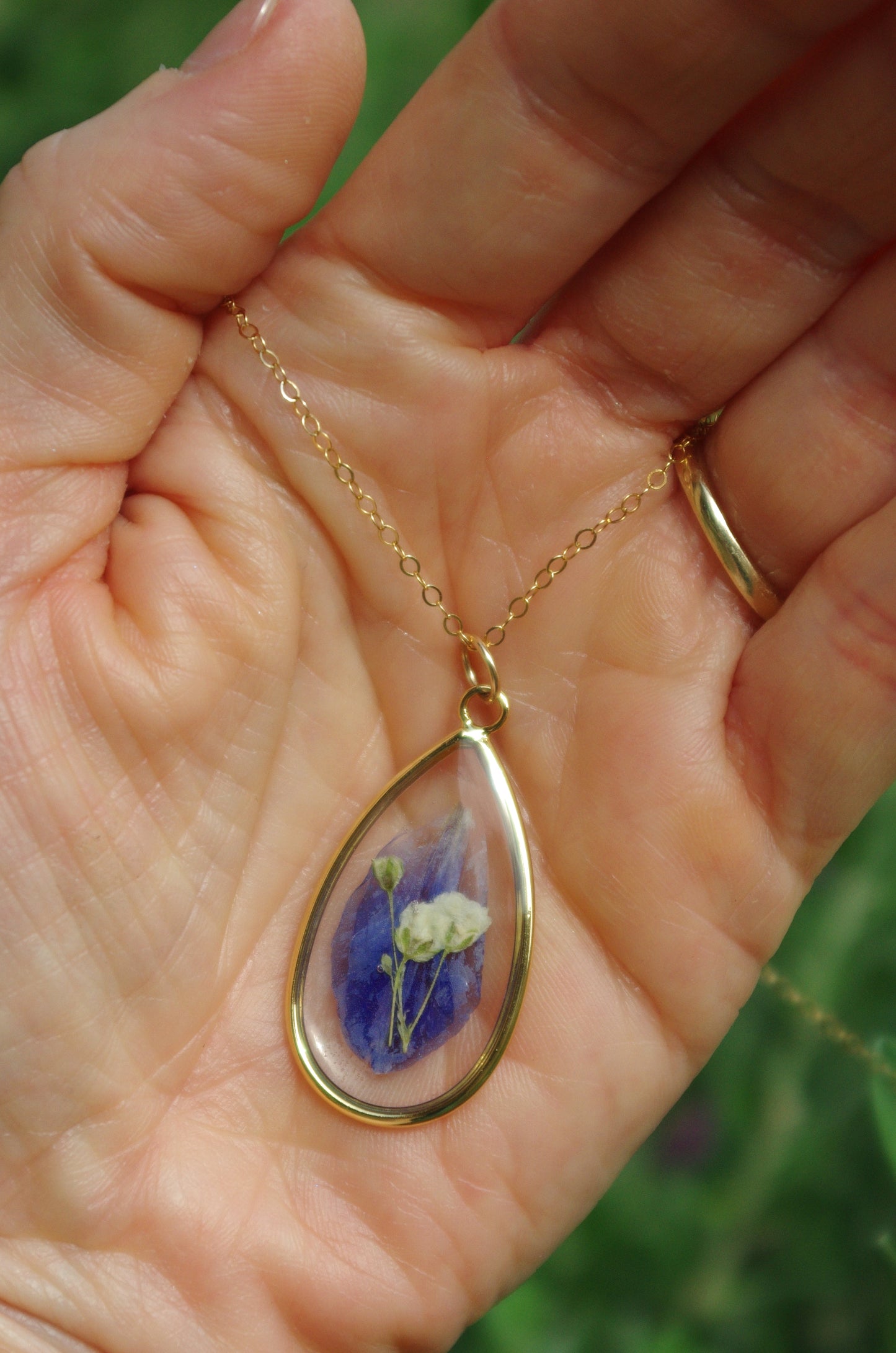 Delphinium and baby's breath necklace - Something blue jewelry