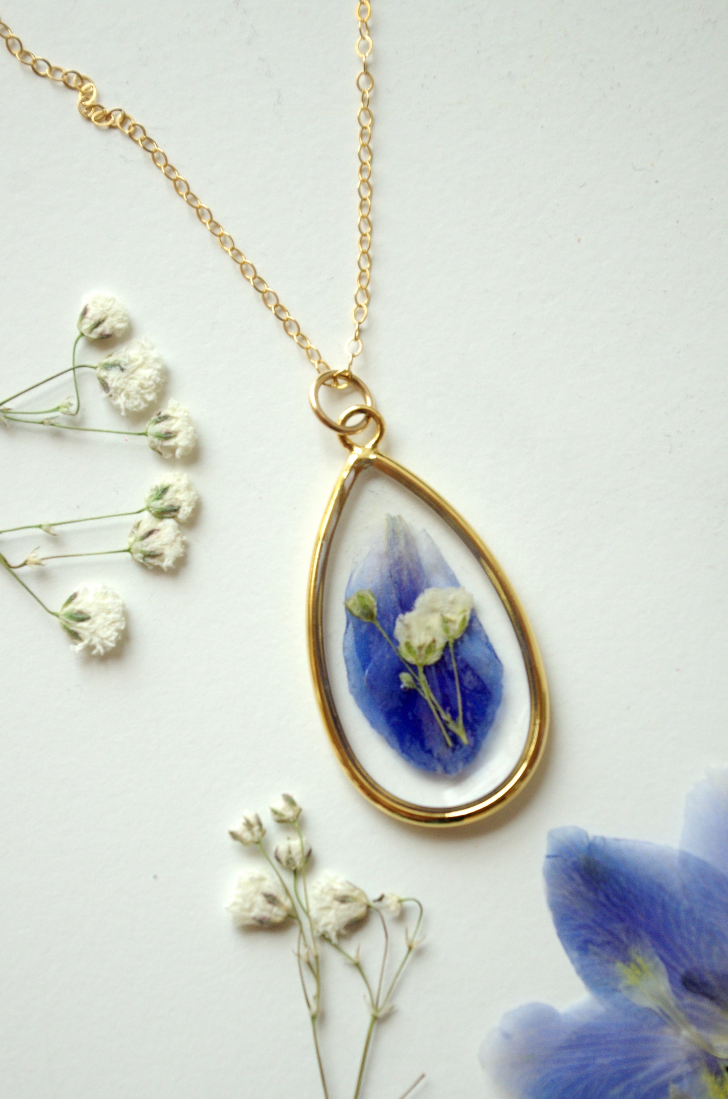 Delphinium and baby's breath necklace - Something blue jewelry