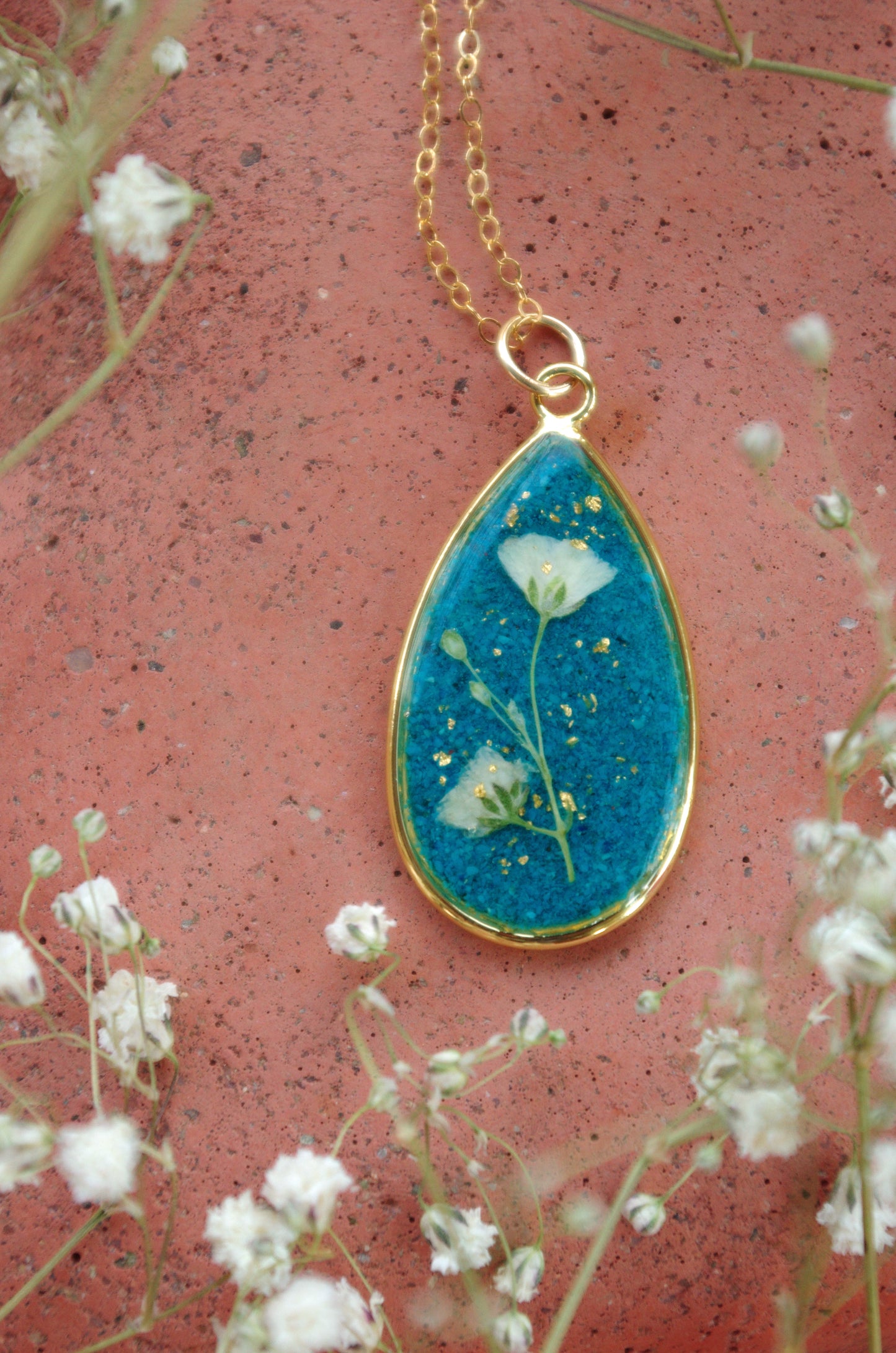 Turquoise and baby's breath 14K gold filled necklace