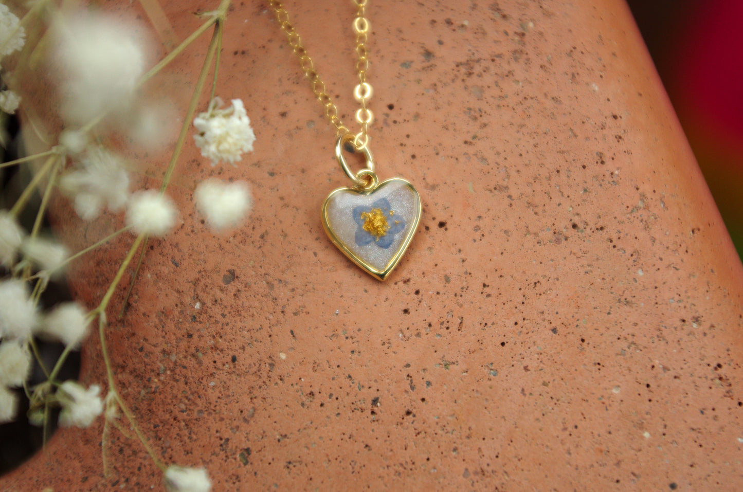 Tiny Forget Me Not Heart Necklace - Memorial Keepsake Gift