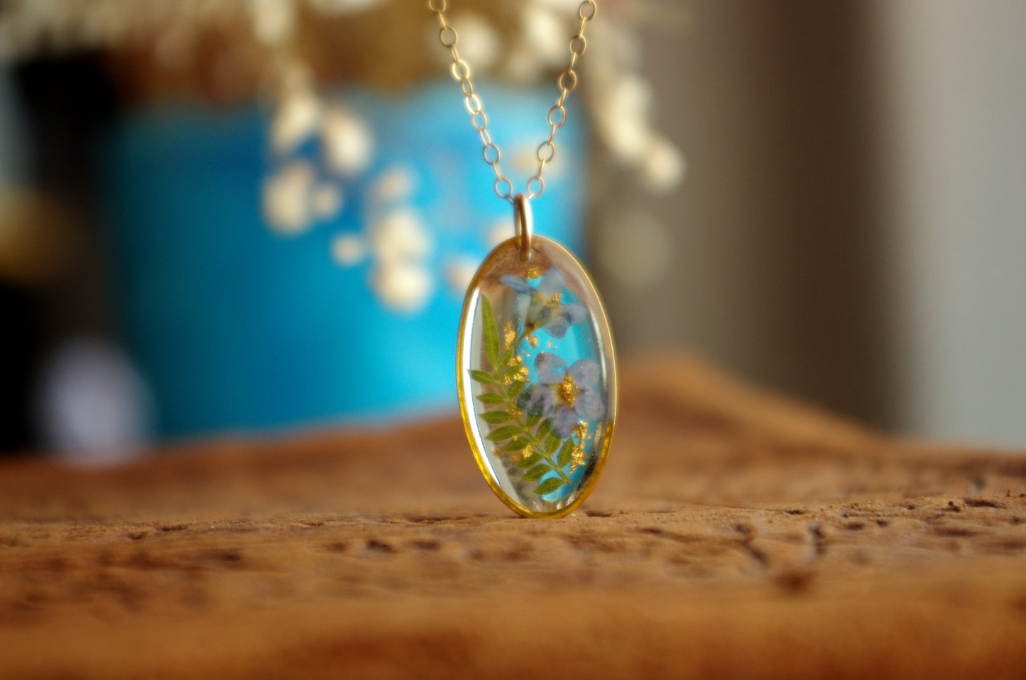 Forget Me Not And Gold Leaf Necklace - Pressed Flower Jewelry