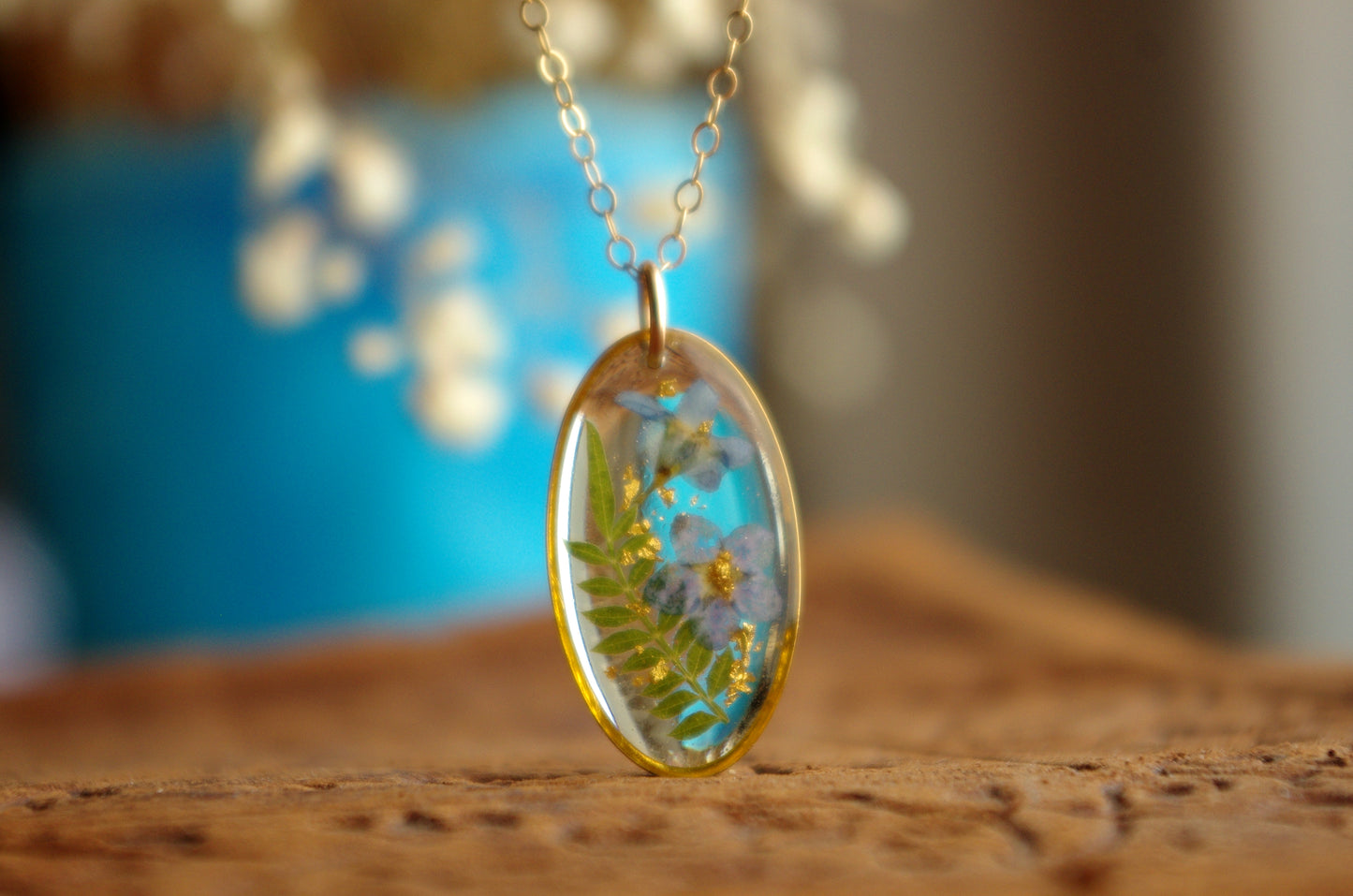 Forget Me Not And Gold Leaf Necklace - Pressed Flower Jewelry