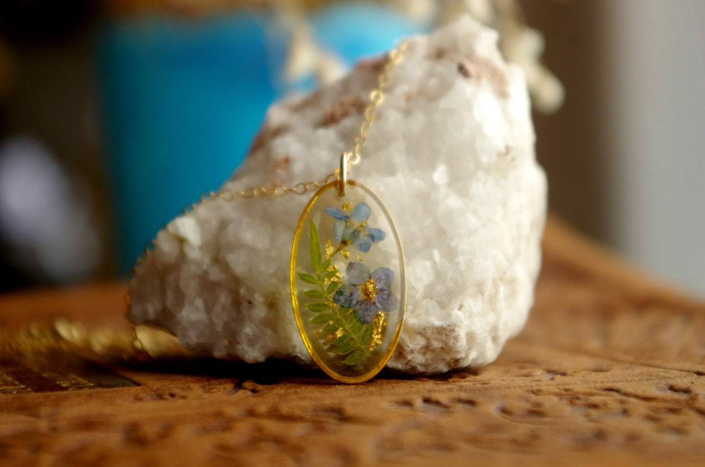 Forget Me Not And Gold Leaf Necklace - Pressed Flower Jewelry