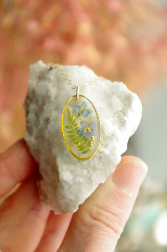 Forget Me Not And Gold Leaf Necklace - Pressed Flower Jewelry