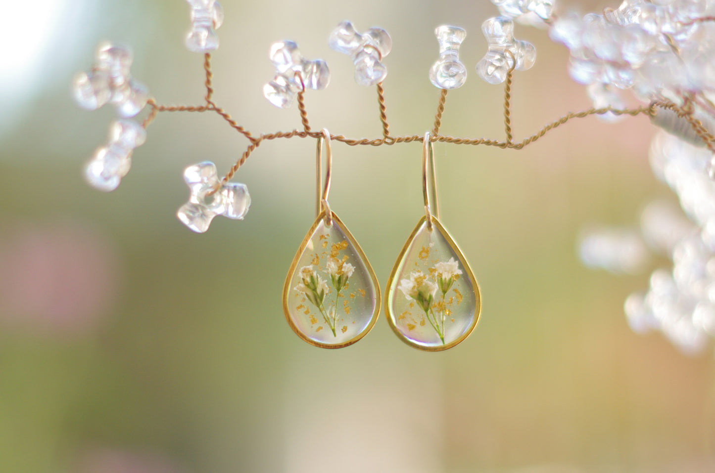 Baby's Breath And Gold Leaf Earrings