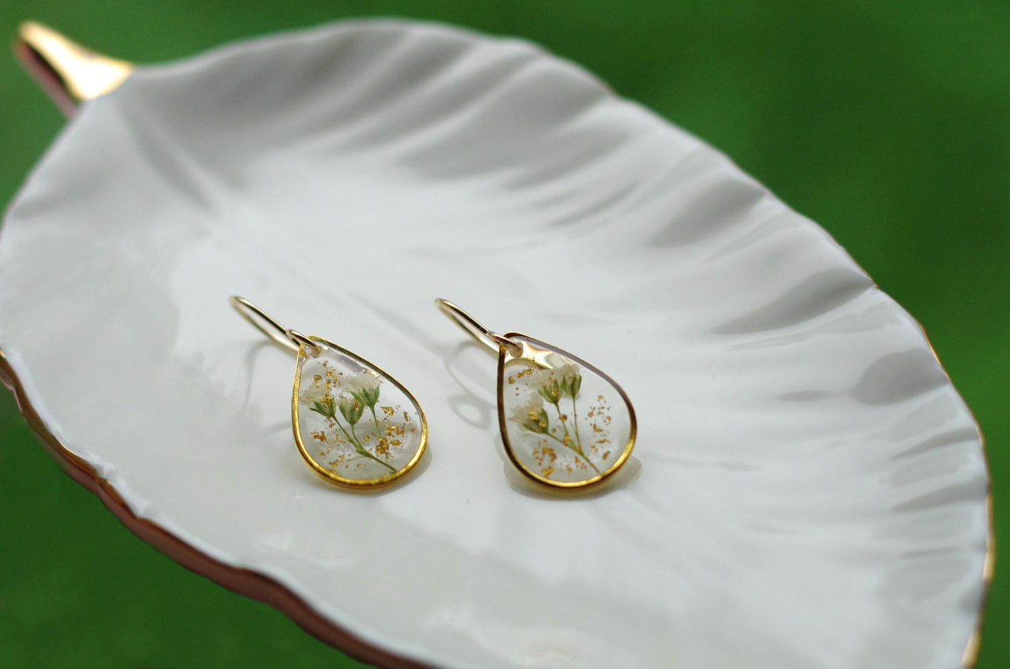 Baby's Breath And Gold Leaf Earrings