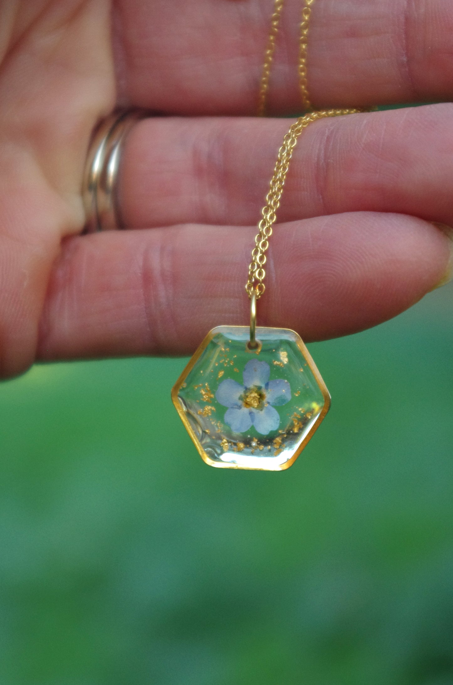 Forget Me Not And Gold Leaf Necklace - Remembrance Gift