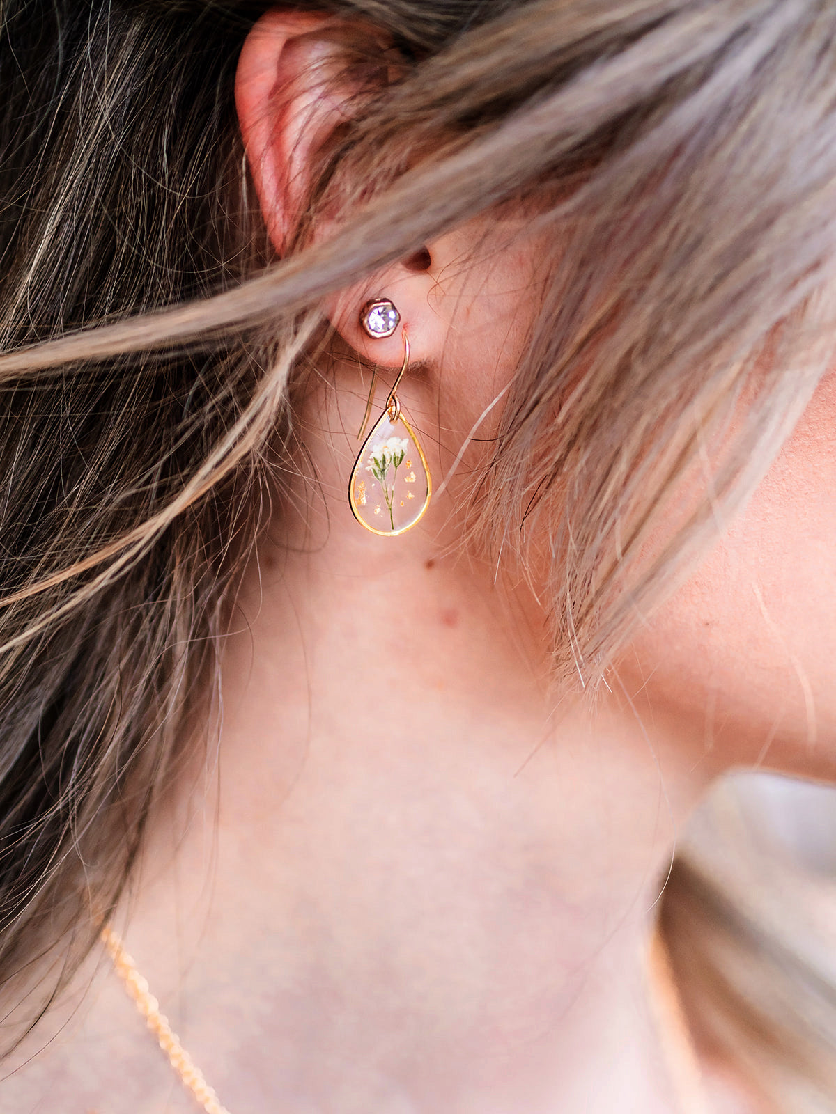 Baby's Breath And Gold Leaf Earrings